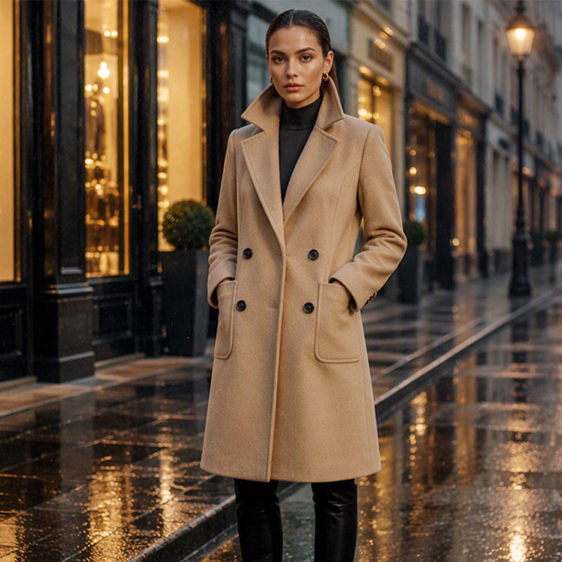 Women's Double-Breasted Long Woolen Coat