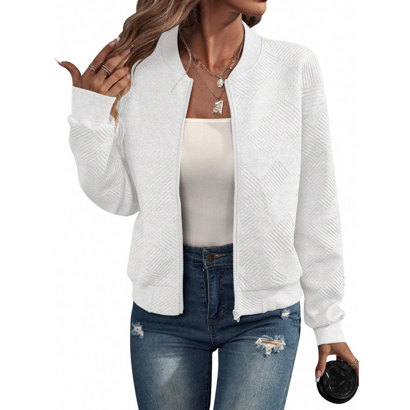 Women's Textured Zipper Baseball Collar Jacket