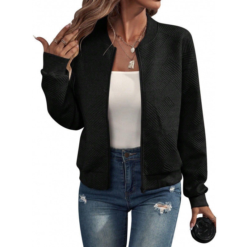 Women's Textured Zipper Baseball Collar Jacket