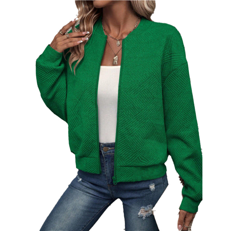 Women's Textured Zipper Baseball Collar Jacket