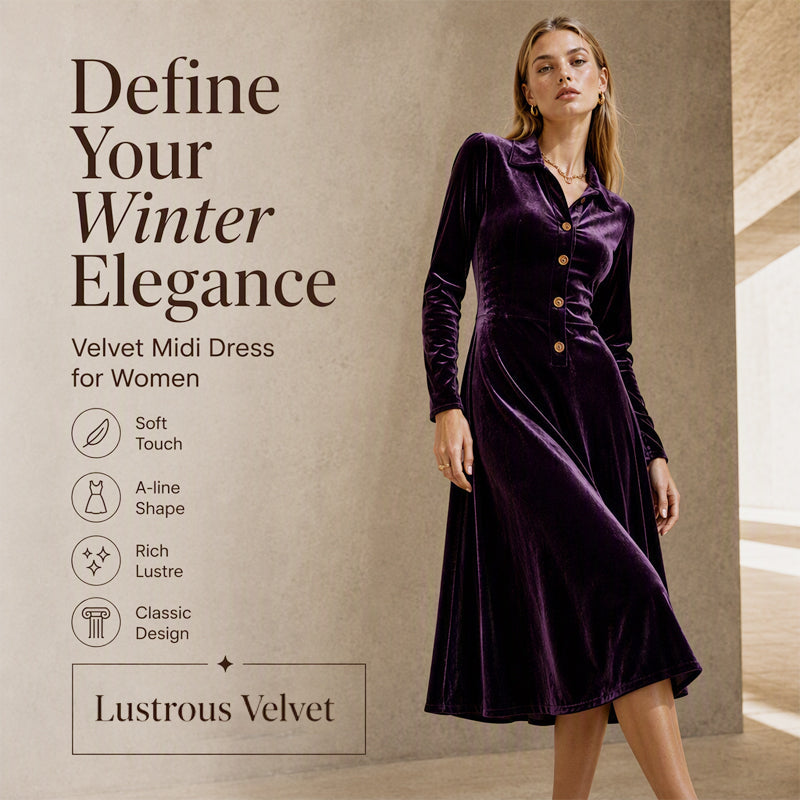 Women's Vintage Button-Front Velvet A-Line Dress