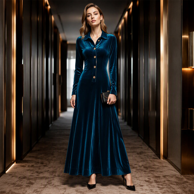 Women's Vintage Button-Front Velvet A-Line Dress