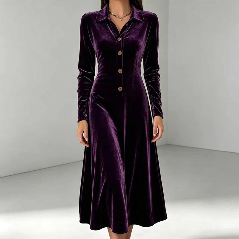 Women's Vintage Button-Front Velvet A-Line Dress