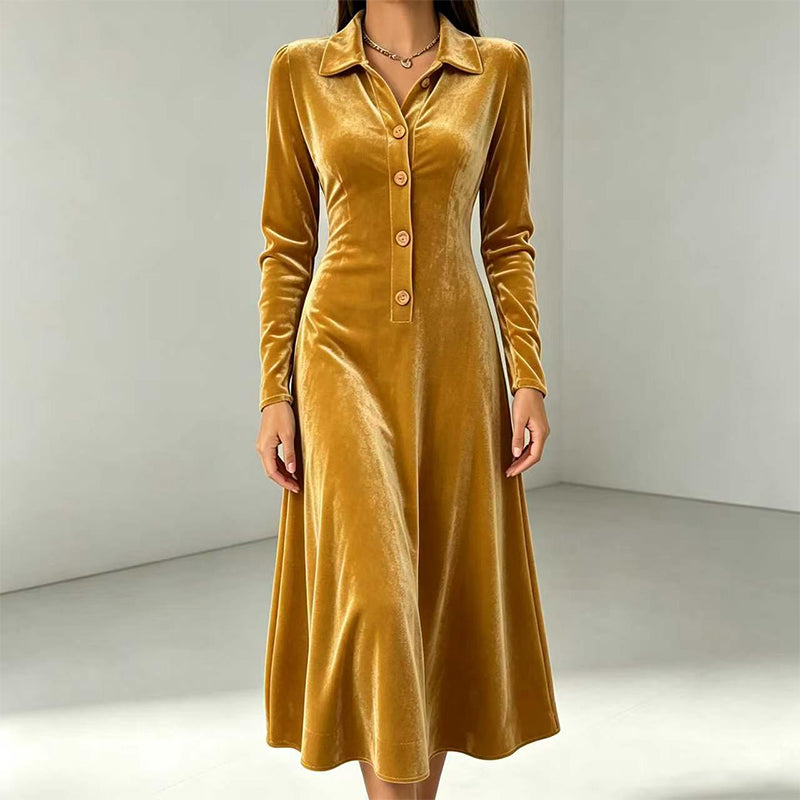Women's Vintage Button-Front Velvet A-Line Dress