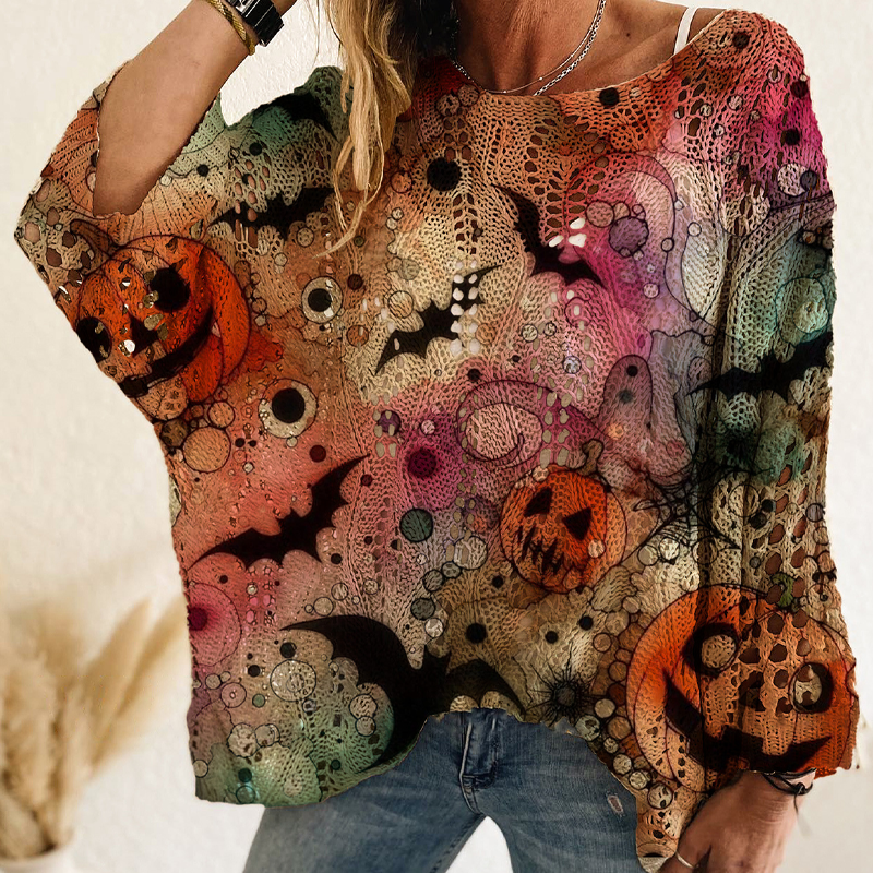 Women's Halloween Pumpkin Crochet Knit Top