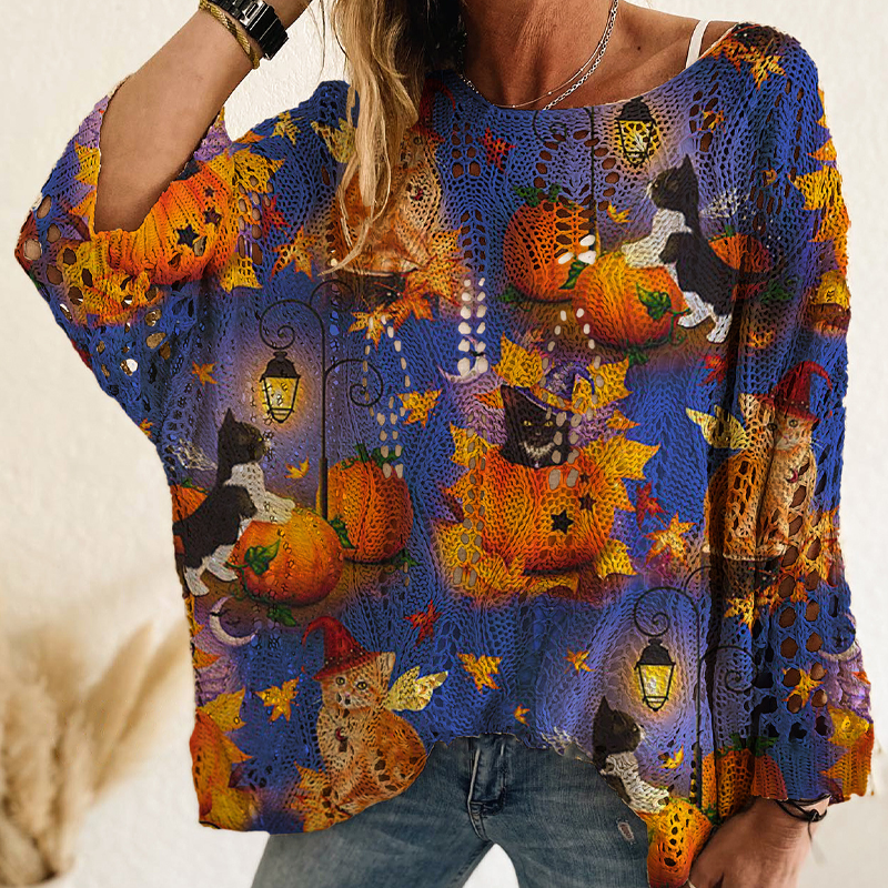 Women's Halloween Pumpkin Crochet Knit Top