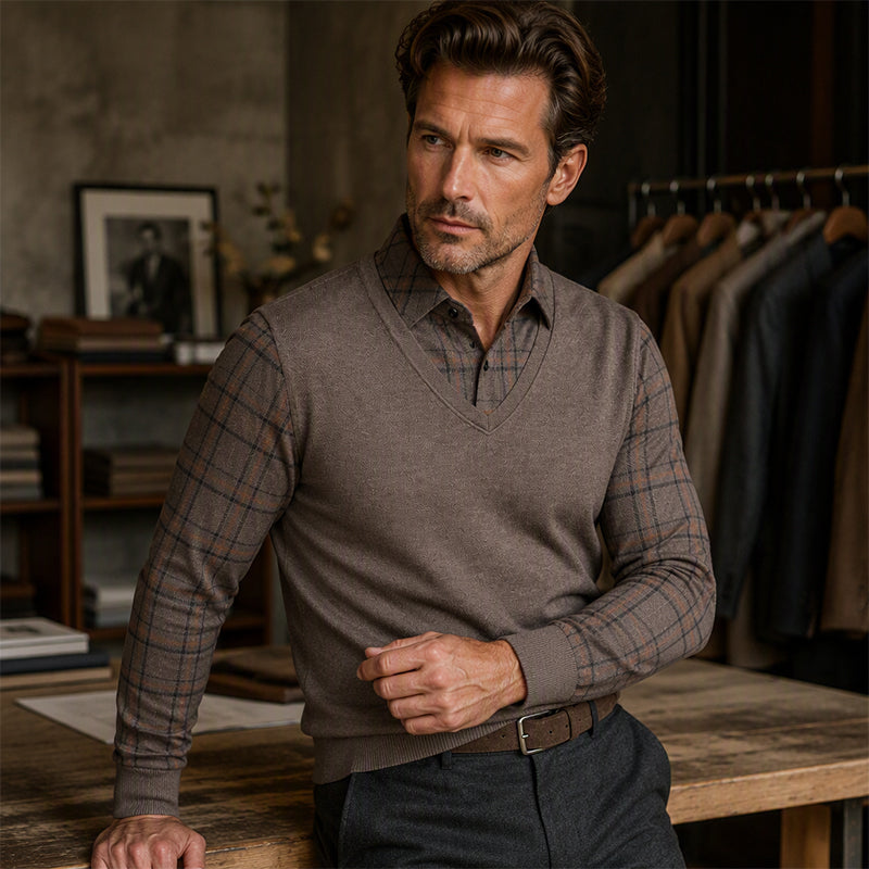 Men's Casual Plaid Fake 2-Piece Knit Top