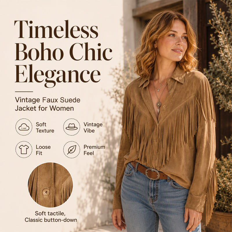 Women's Faux Suede Long Sleeve Fringe Jacket