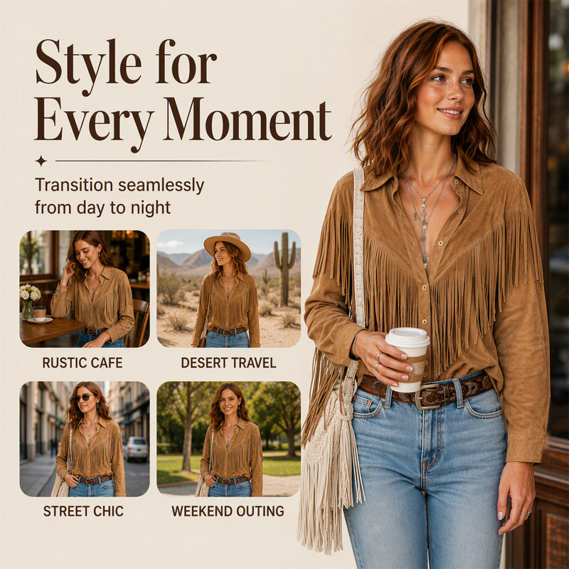 Women's Faux Suede Long Sleeve Fringe Jacket