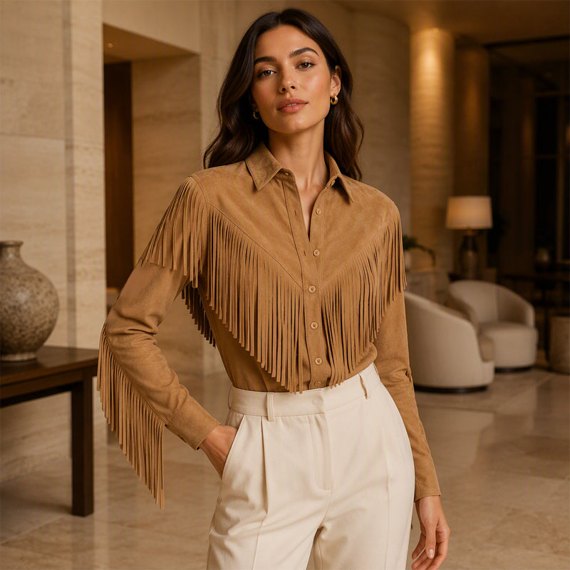 Women's Faux Suede Long Sleeve Fringe Jacket