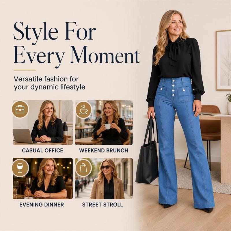 Women's High-Waisted Button-Up Flare Jeans