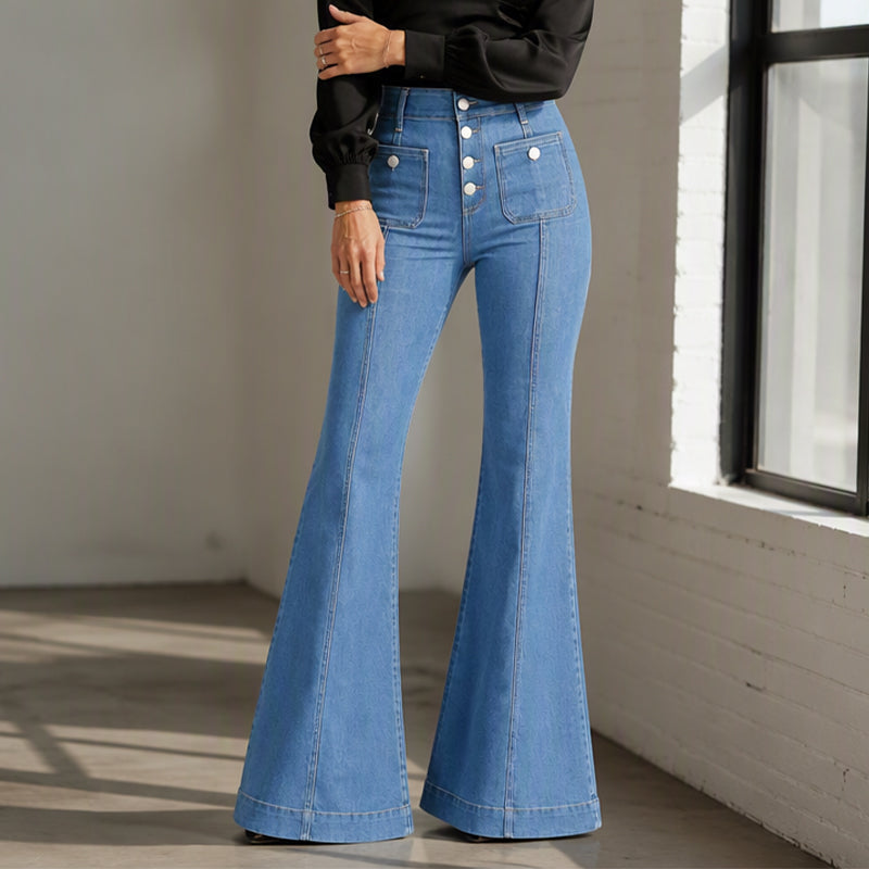 Women's High-Waisted Button-Up Flare Jeans