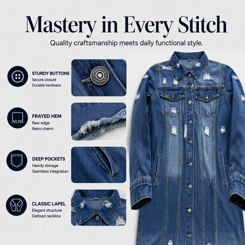 Women's Distressed Ripped Long Denim Jacket