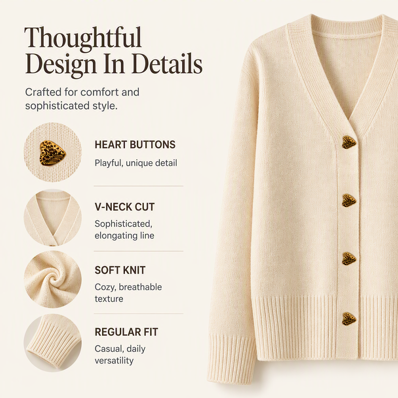 Women's V-Neck Heart Button Knit Cardigan