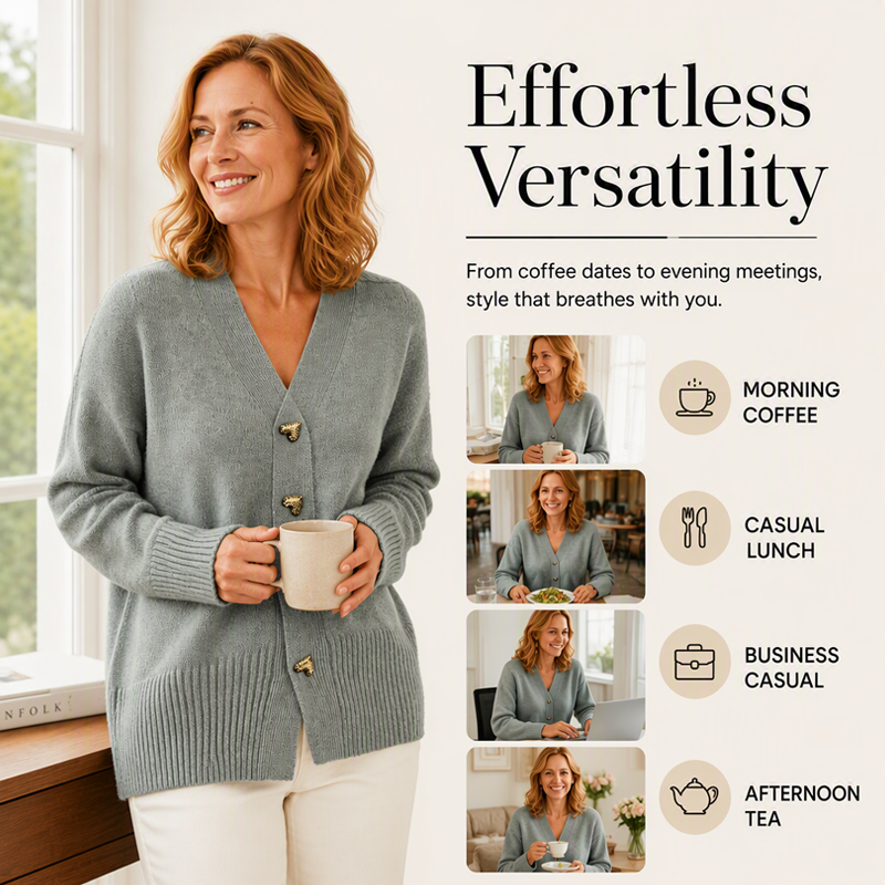 Women's V-Neck Heart Button Knit Cardigan