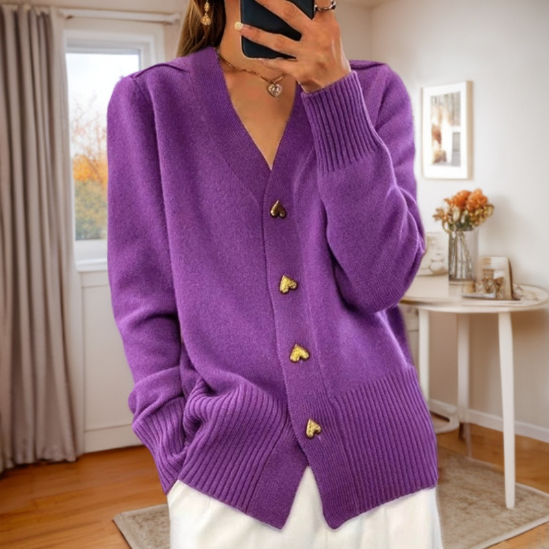 Women's V-Neck Heart Button Knit Cardigan