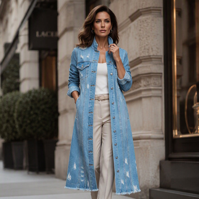 Women's Distressed Ripped Long Denim Jacket