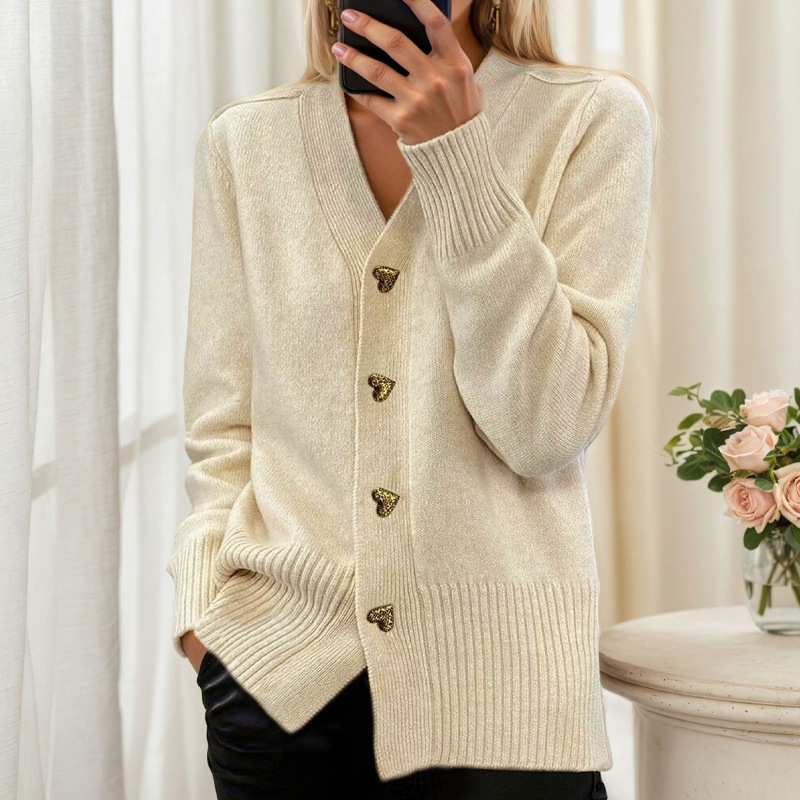 Women's V-Neck Heart Button Knit Cardigan