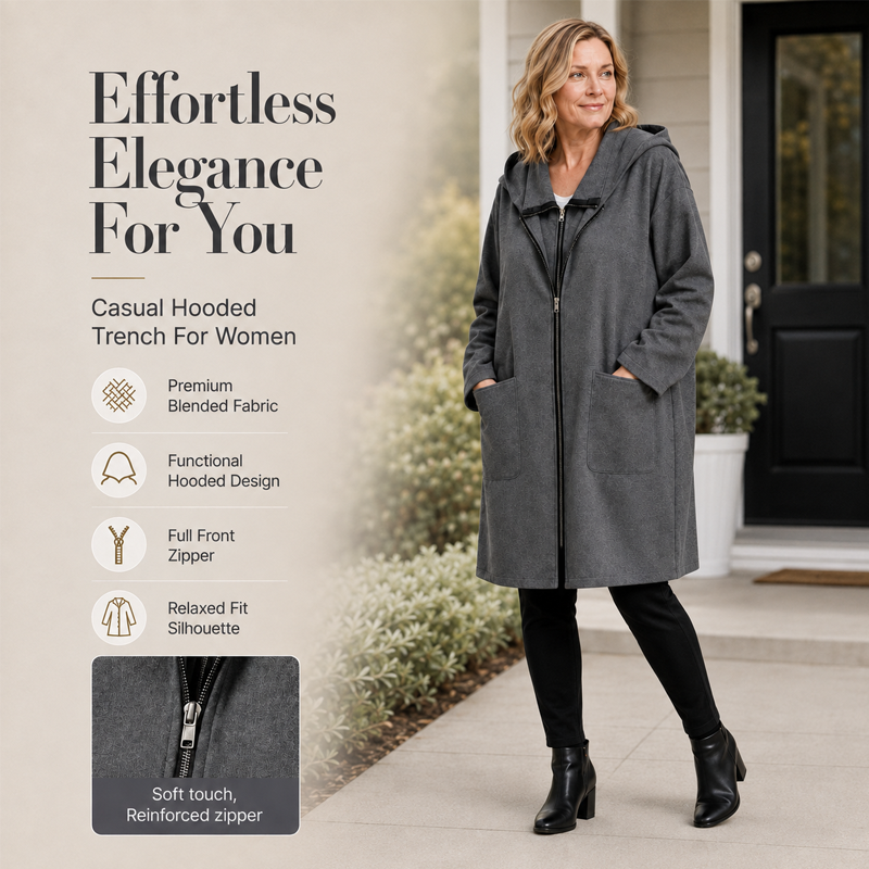 Women's Hooded Mid-Length Jacket with 2 Zippers