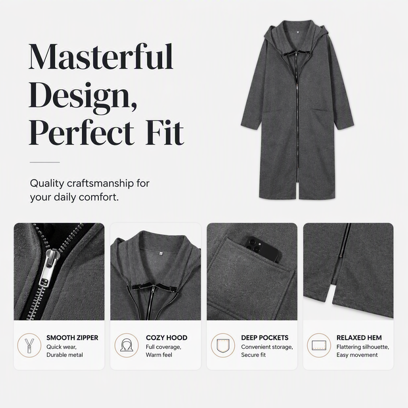 Women's Hooded Mid-Length Jacket with 2 Zippers