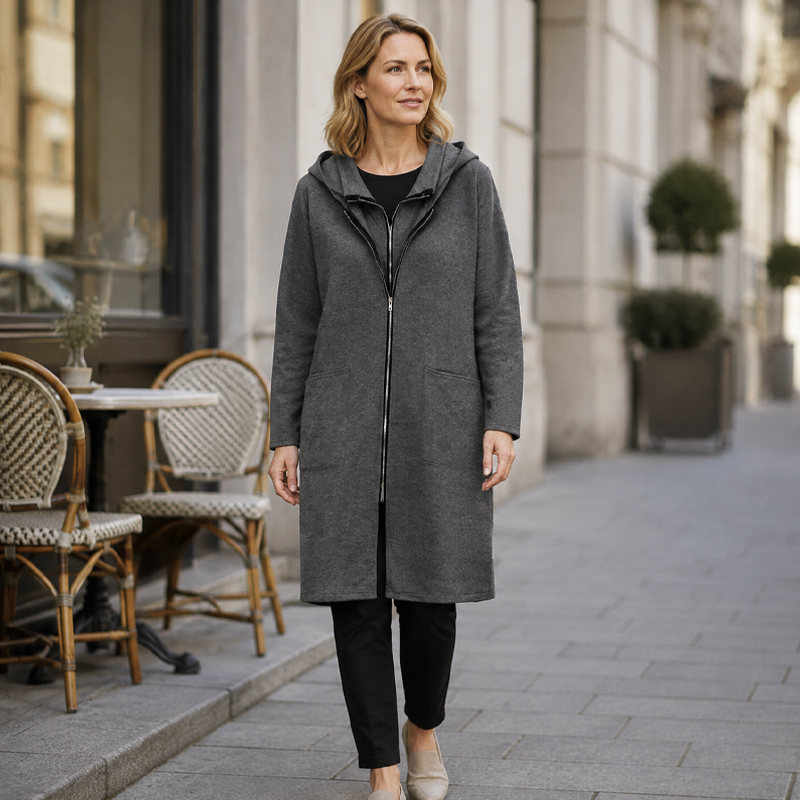 Women's Hooded Mid-Length Jacket with 2 Zippers