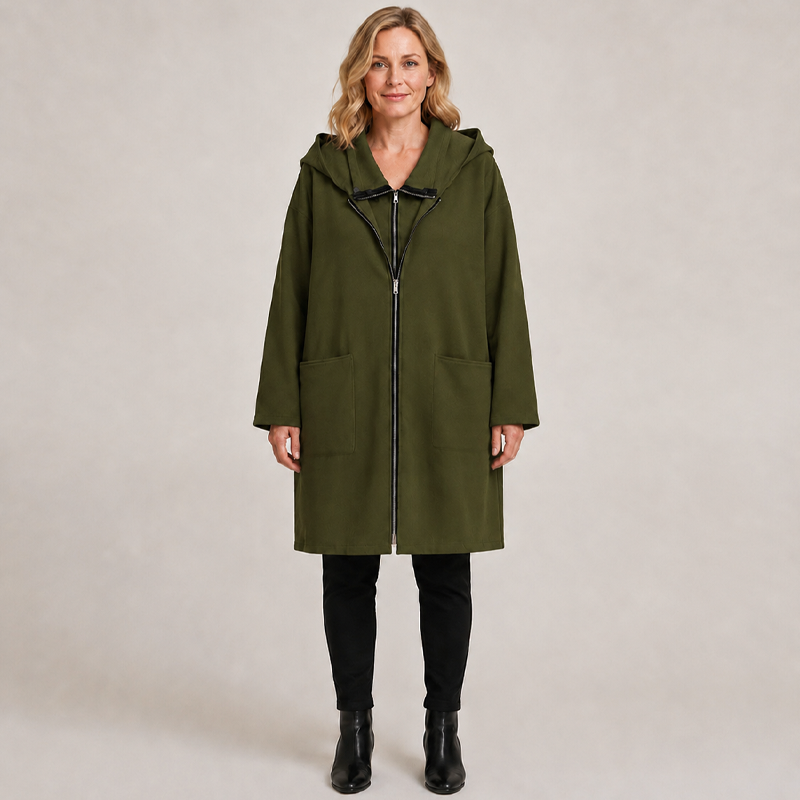 Women's Hooded Mid-Length Jacket with 2 Zippers