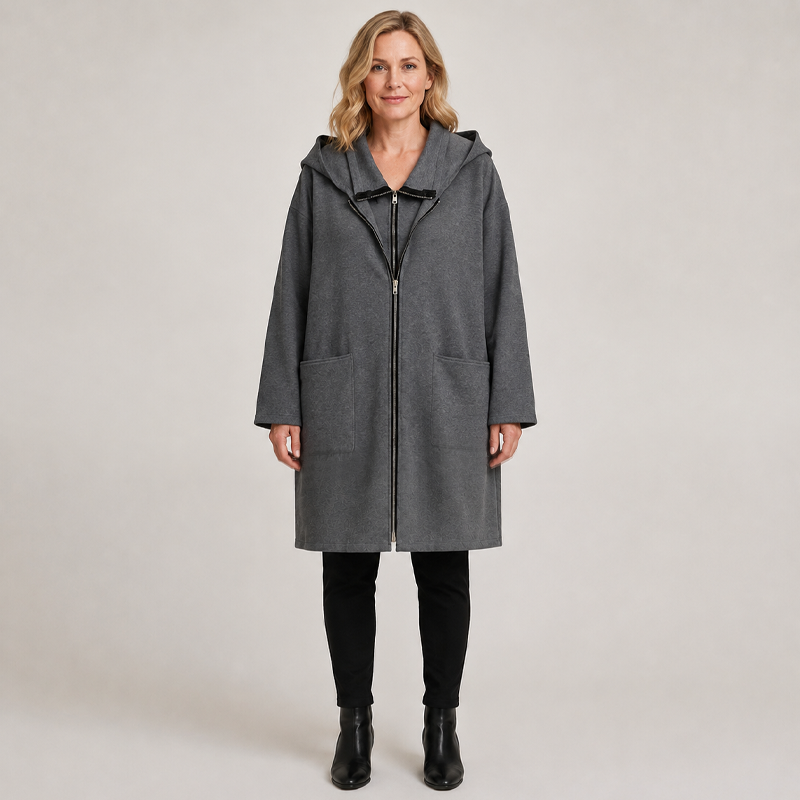 Women's Hooded Mid-Length Jacket with 2 Zippers