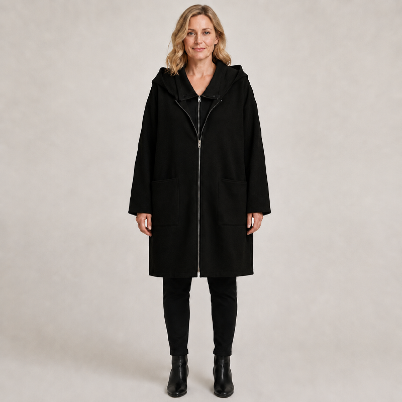 Women's Hooded Mid-Length Jacket with 2 Zippers