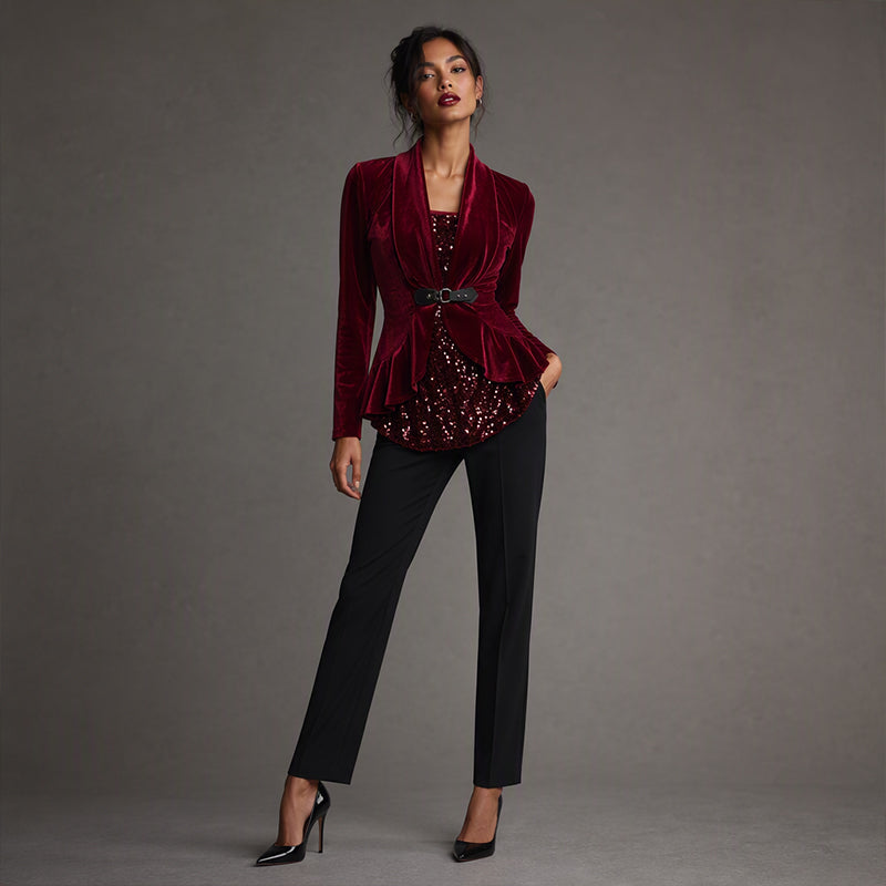 Women's Spliced Faux Two Piece Velvet Top