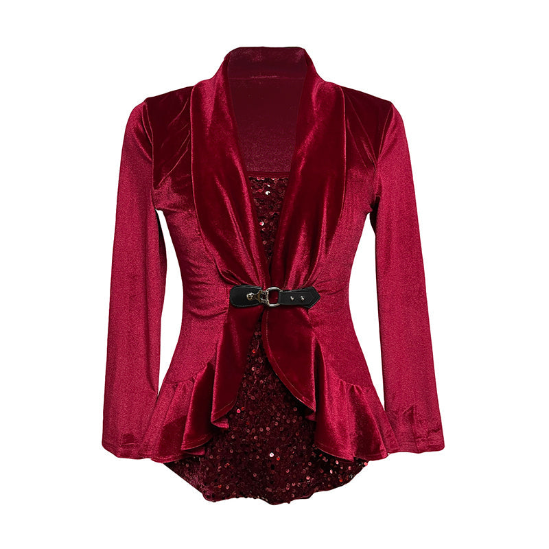 Women's Spliced Faux Two Piece Velvet Top