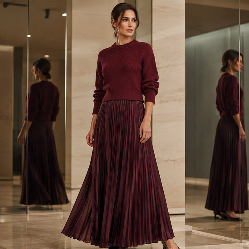 Women's Round Neck Pleated Maxi Dress