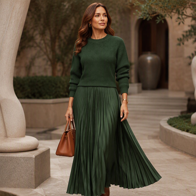 Women's Round Neck Pleated Maxi Dress
