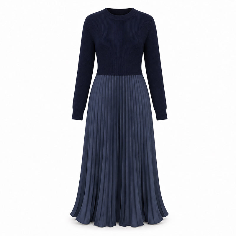 Women's Round Neck Pleated Maxi Dress