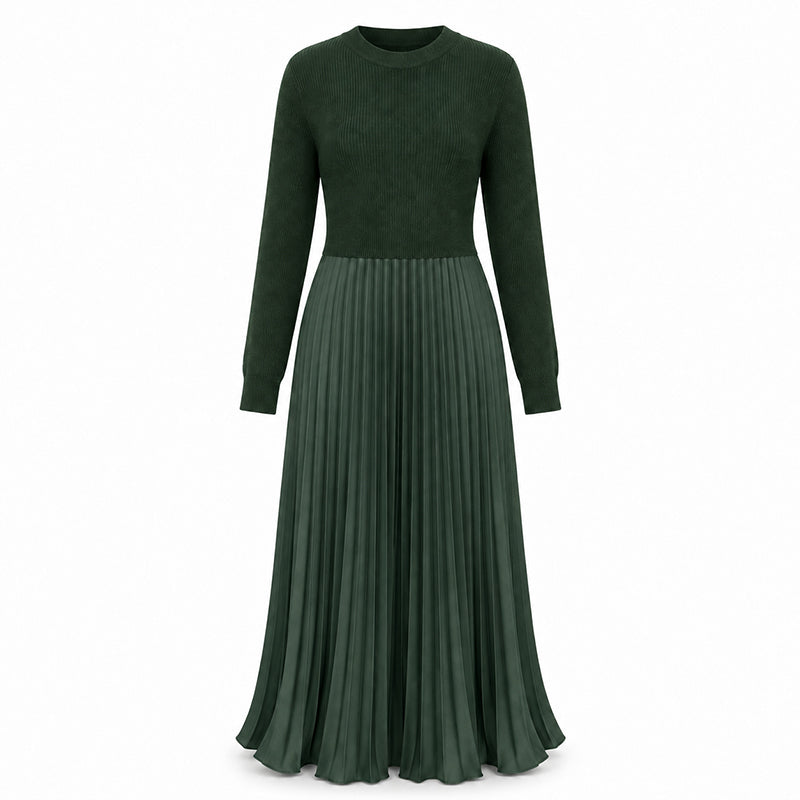 Women's Round Neck Pleated Maxi Dress