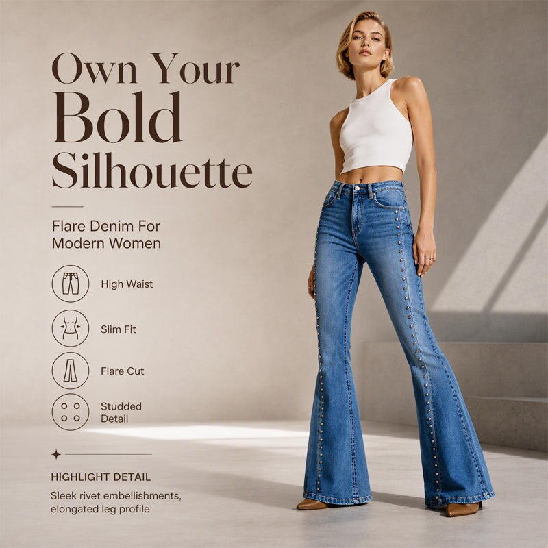 Women's High-Waist Flare Jeans with Rivets
