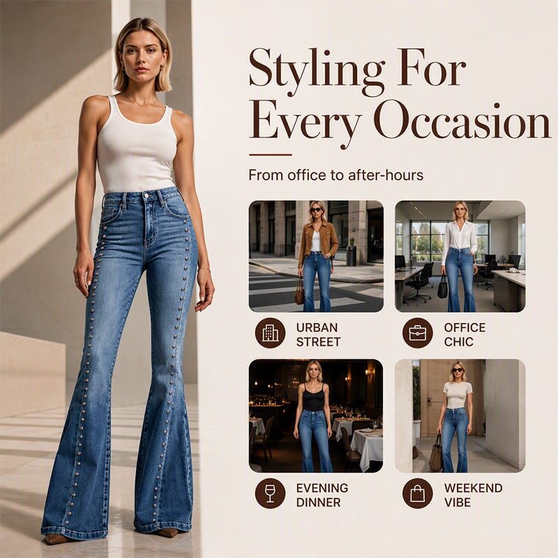 Women's High-Waist Flare Jeans with Rivets