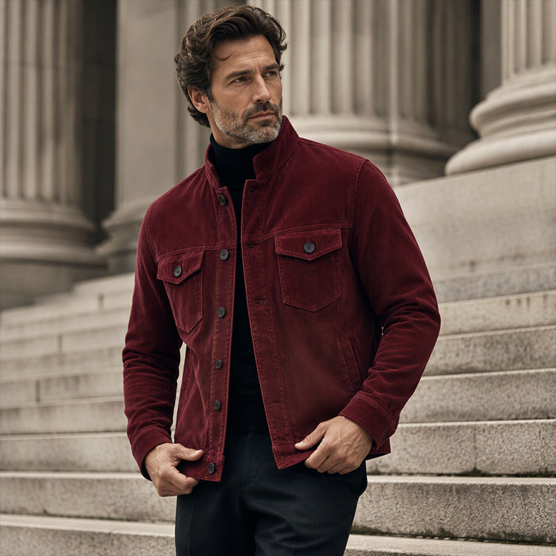 Men's Corduroy Stand Collar Cargo Coat