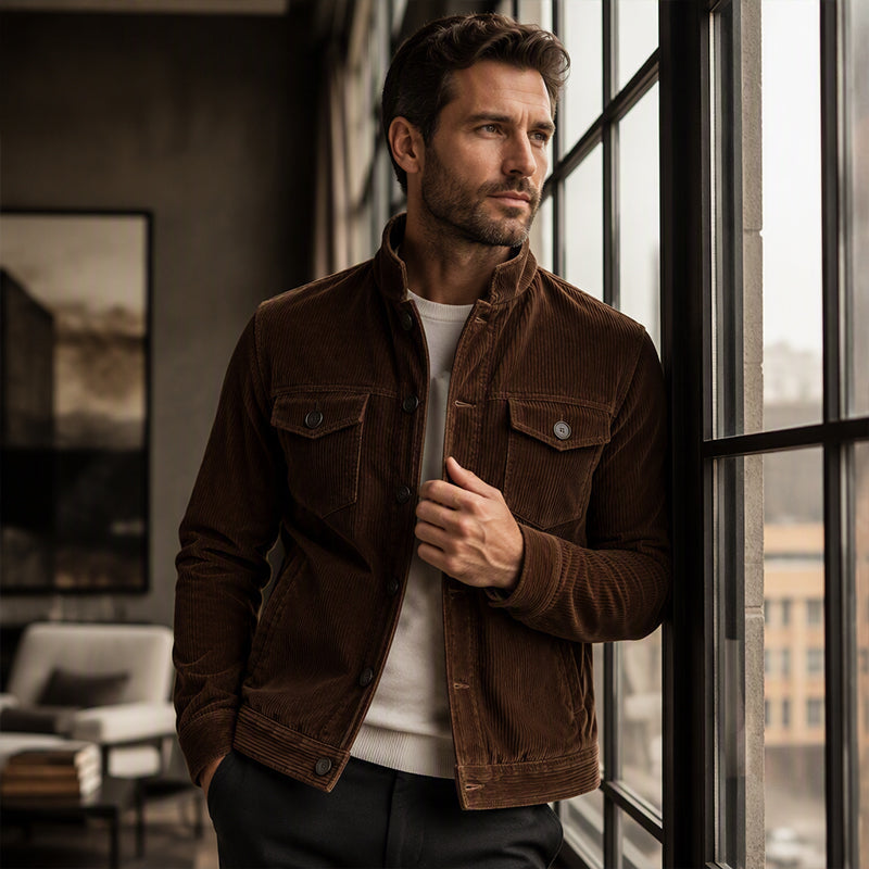 Men's Corduroy Stand Collar Cargo Coat