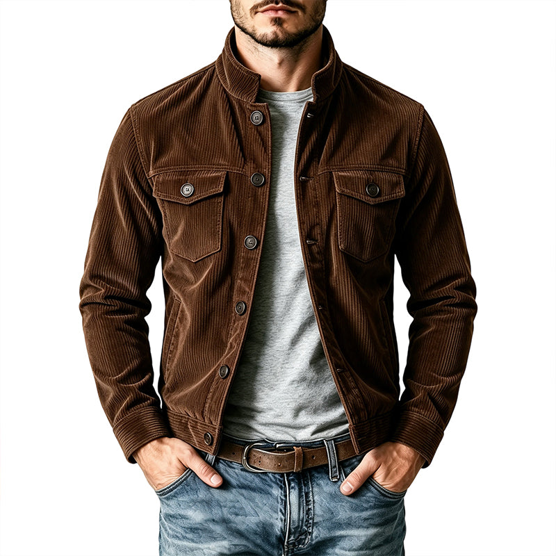 Men's Corduroy Stand Collar Cargo Coat