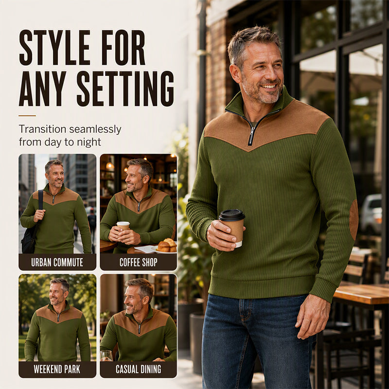Men's Retro Half-Zip Ribbed Pullover Sweatshirt