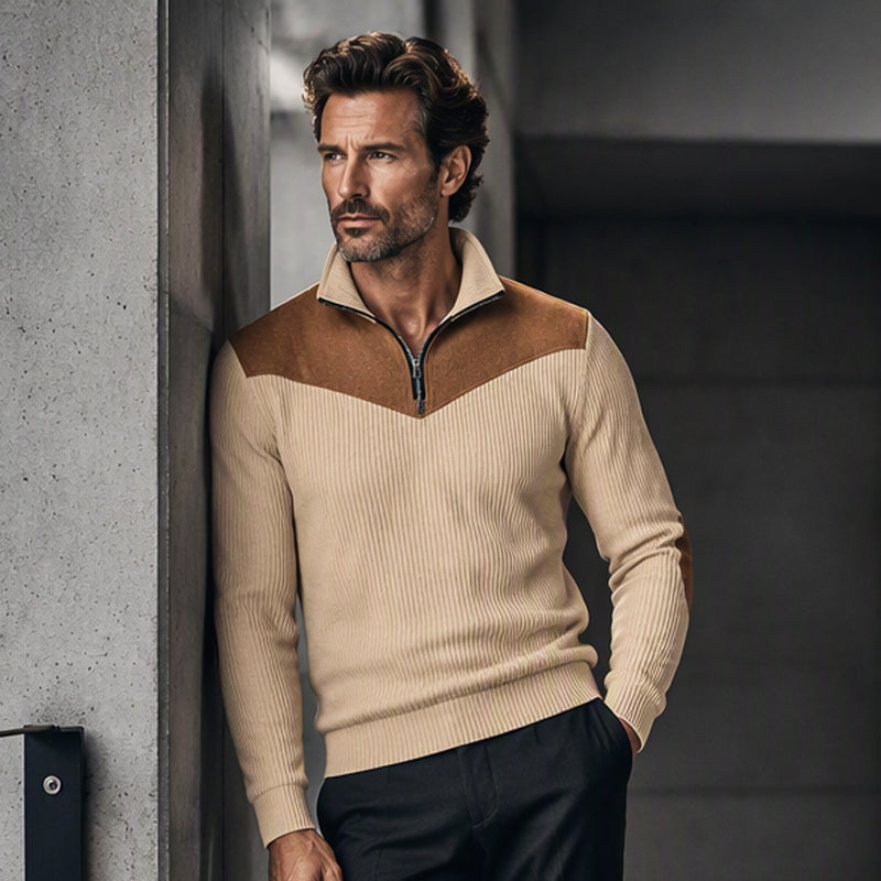 Men's Retro Half-Zip Ribbed Pullover Sweatshirt