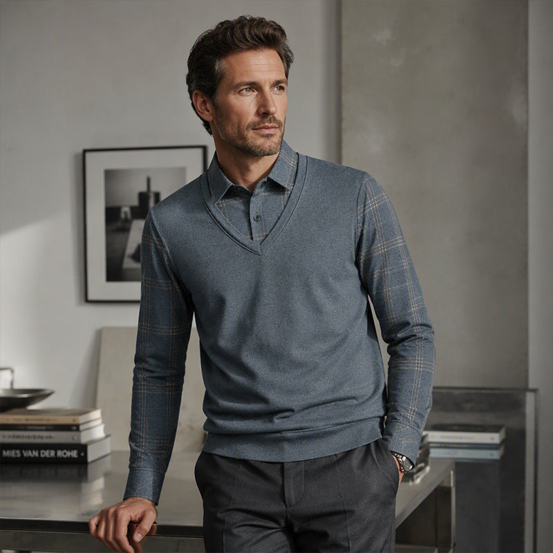 Men's Mock Two-Piece Fleece Lined Sweater