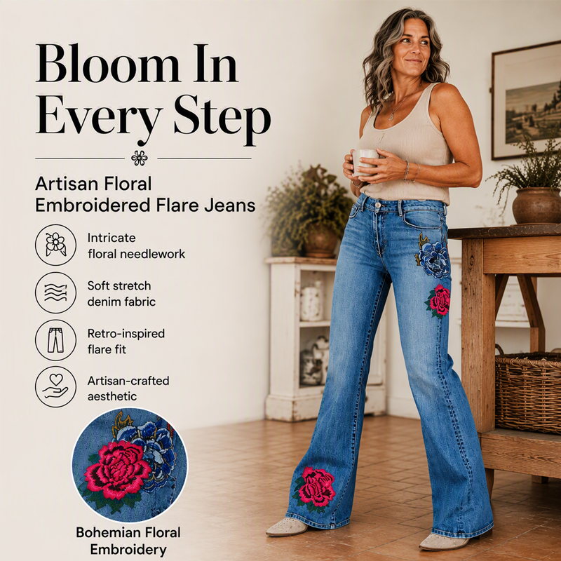 Women's Retro Floral Embroidered Flare Jeans