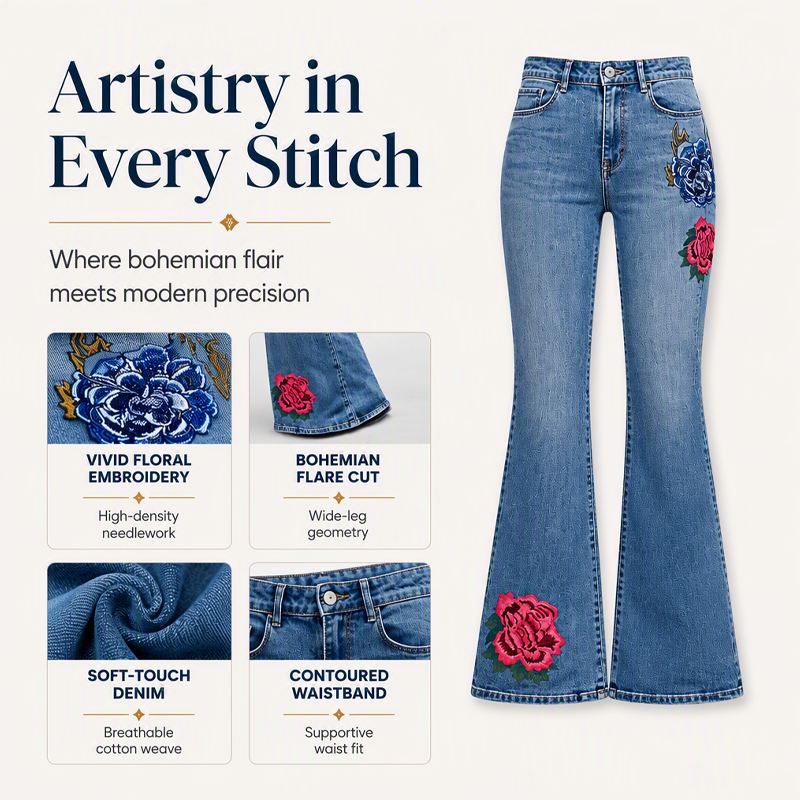 Women's Retro Floral Embroidered Flare Jeans