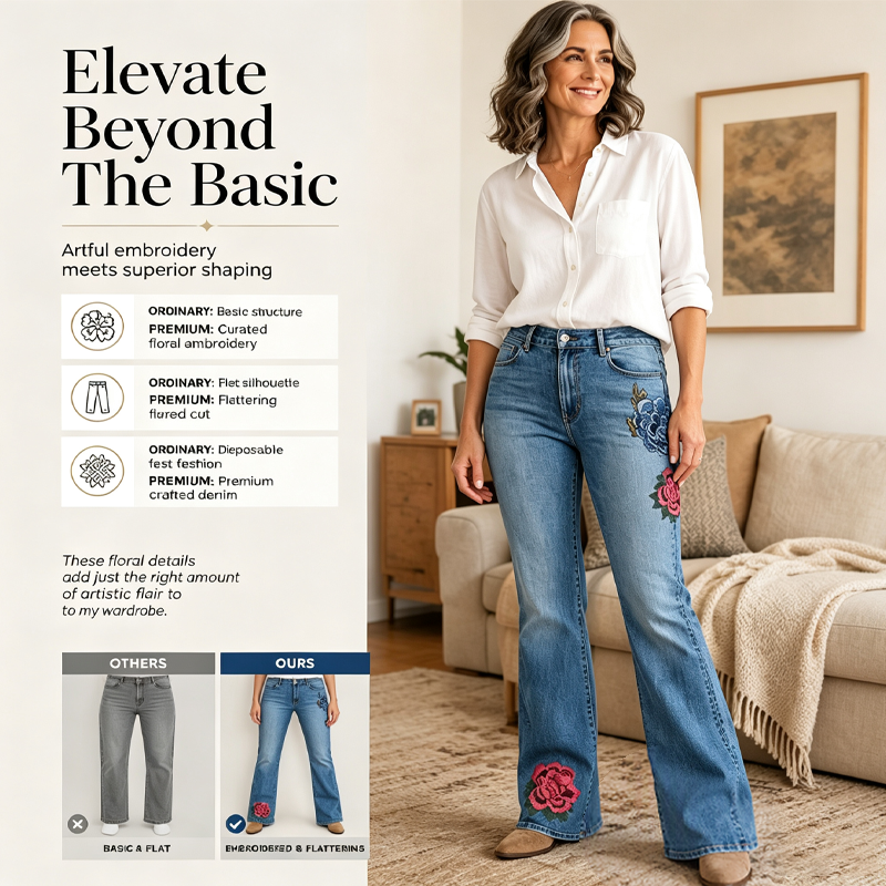 Women's Retro Floral Embroidered Flare Jeans