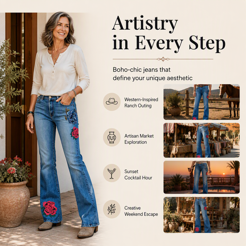 Women's Retro Floral Embroidered Flare Jeans