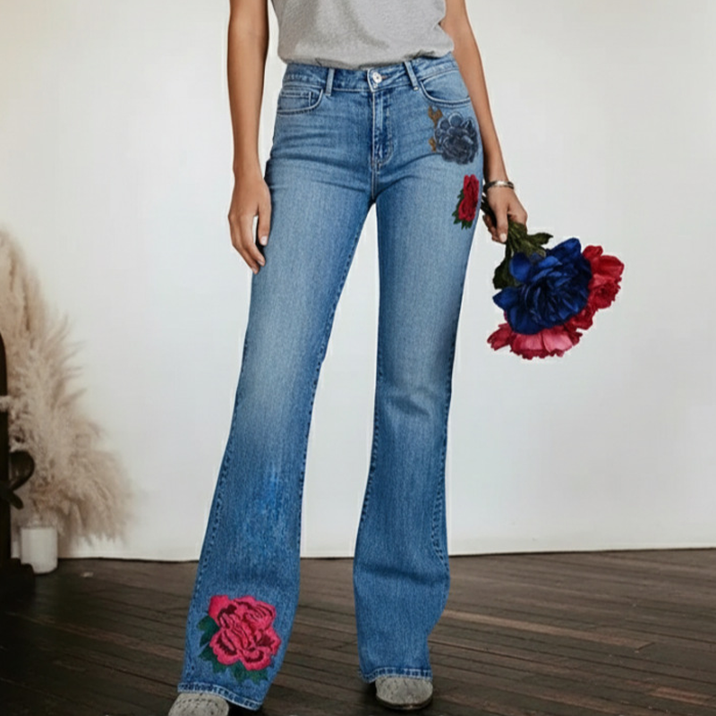 Women's Retro Floral Embroidered Flare Jeans