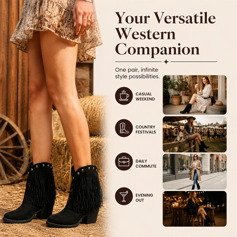 Women's Retro Western Fringe Ankle Boots