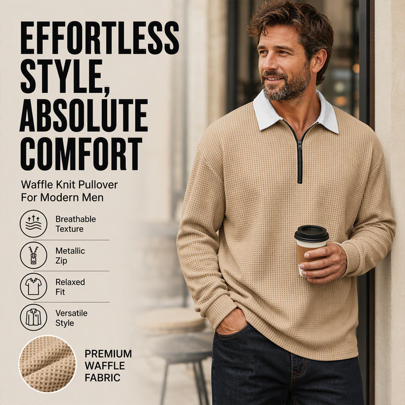 Men's Waffle Knit Half-Zip Collared Sweatshirt
