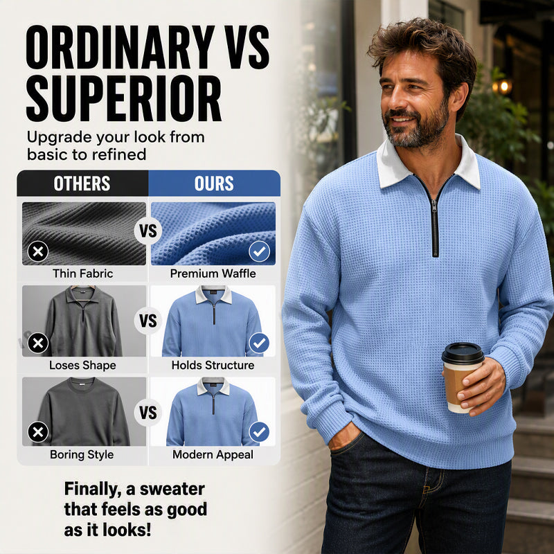 Men's Waffle Knit Half-Zip Collared Sweatshirt